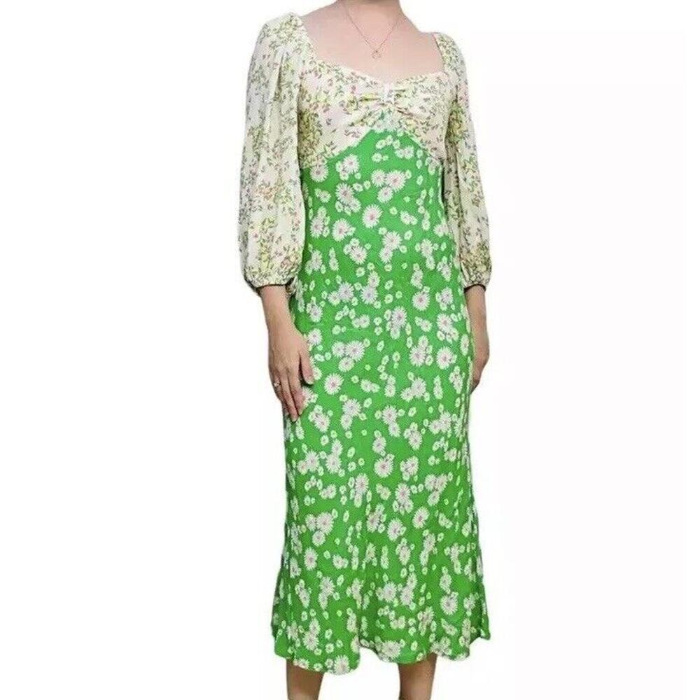 Rixo Target Floral Midi Dress Green Pink Yellow Tulip Daisy Off Shoulder
